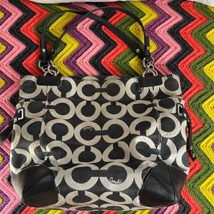 Coach Black White Leather Silver Hardware Hobo Shoulder Tote Bag Purse